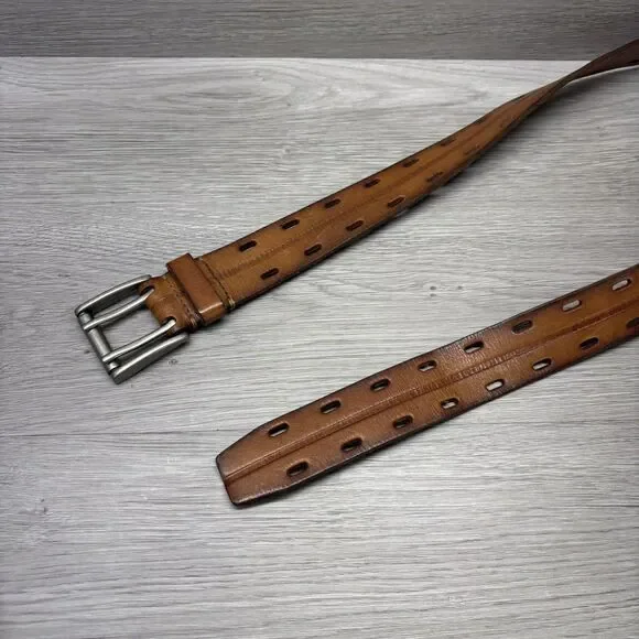 VTG Fossil Leather Belt Brown Full Grain Perforated Mens Size 90/36 Double Prong - Picture 5 of 8